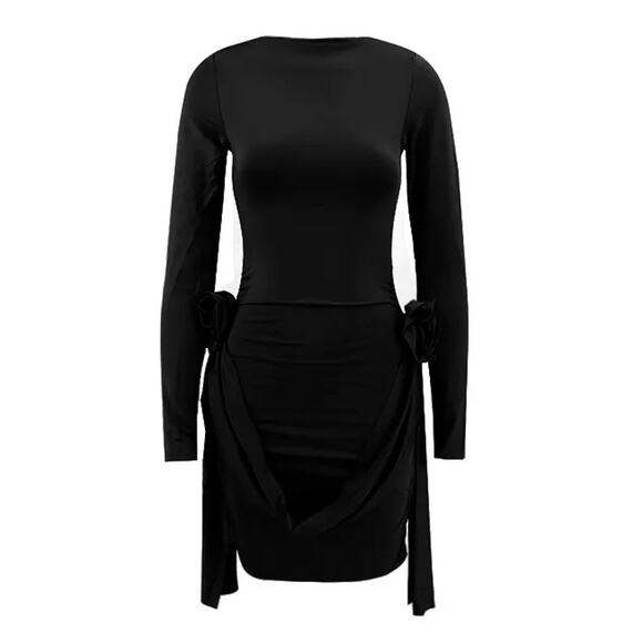 Glory Black Soft Touch Long Sleeve Rose Detail Ruched  Dress| Chicgenes - Picture 6 of 6